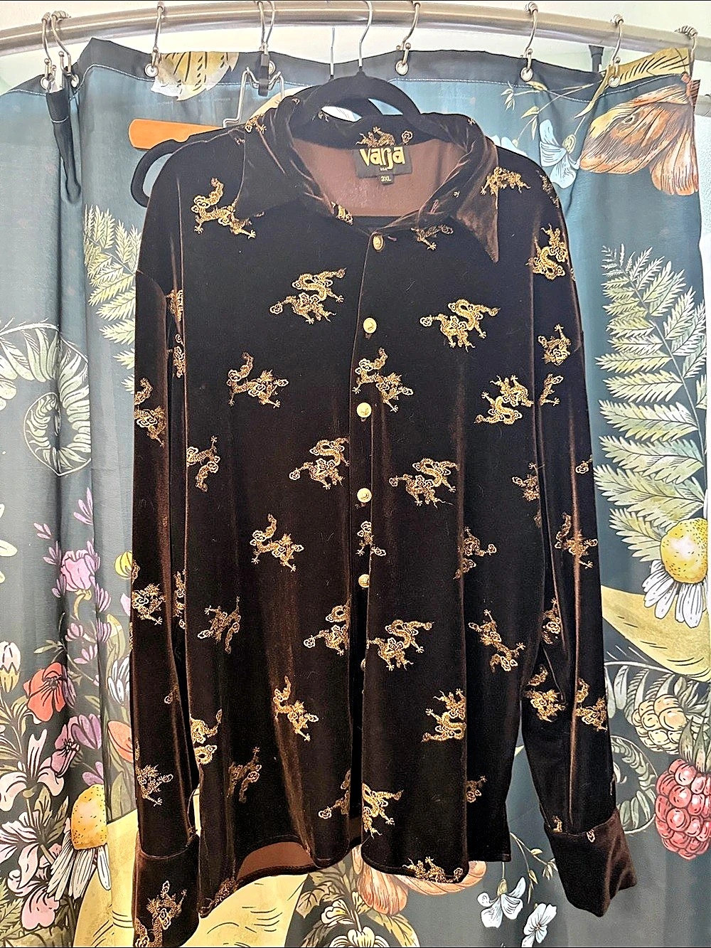 Vara Velvet Dragon Print Button Down Black 3XL